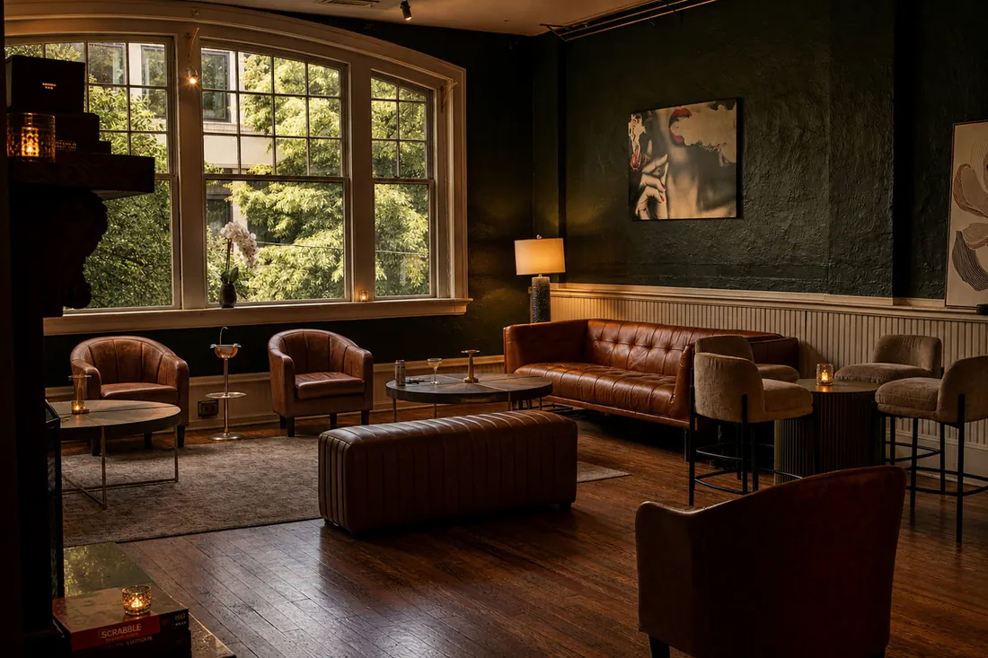 The cigar lounge at Bourbon Leaf: leather sofas and armchairs on oak floors beneath tall arched windows