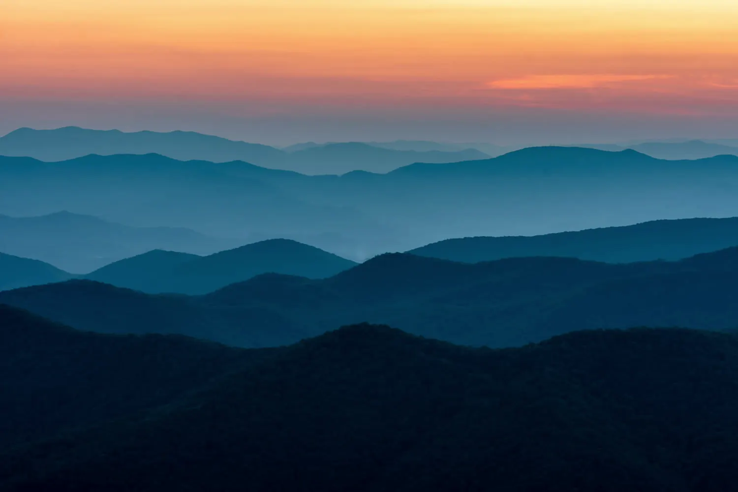The Blue Ridge Mountains folding away in layers at dusk