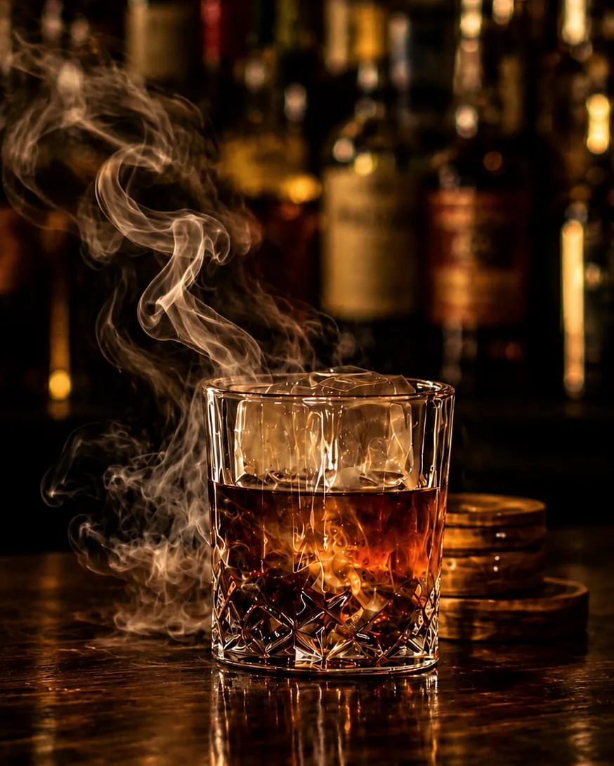 A bourbon on the rocks with smoke curling over the glass, bottles glowing behind the bar