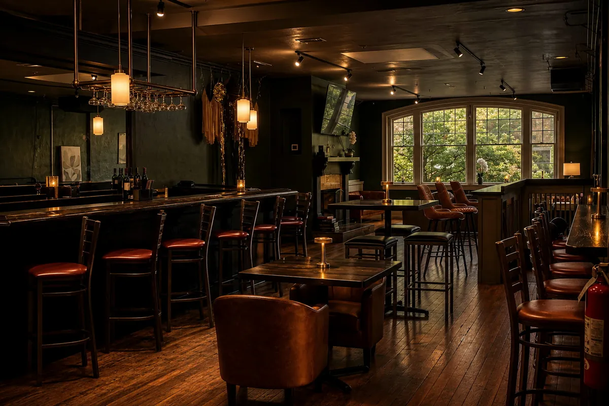 The main bar at Bourbon Leaf: pendant lights, a long dark bar with leather stools and arched windows