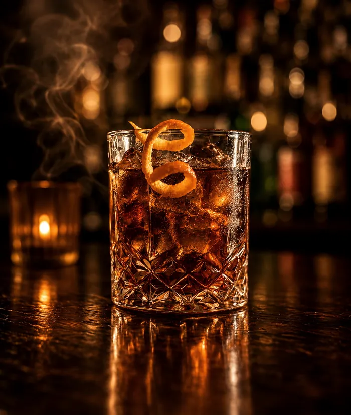 An Old Fashioned with an orange peel on the bar