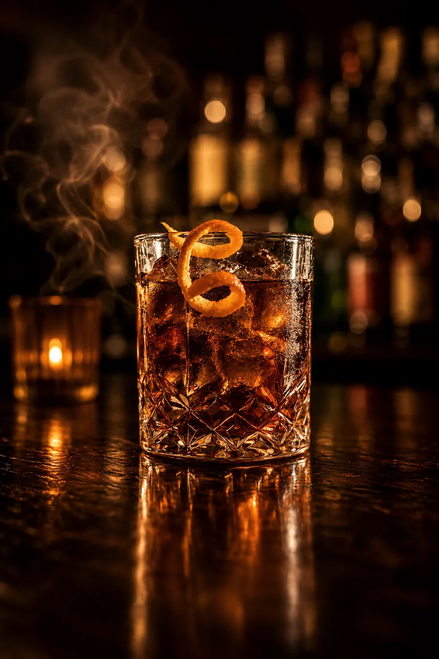 A bourbon on the rocks with an orange peel, glowing on the bar